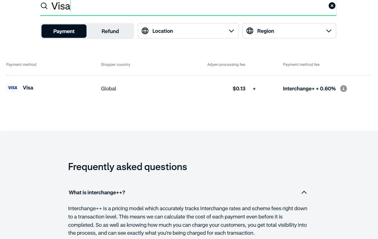 Adyen pricing page filtered on Visa, showing $0.13 plus Interchange+ + 0.60%